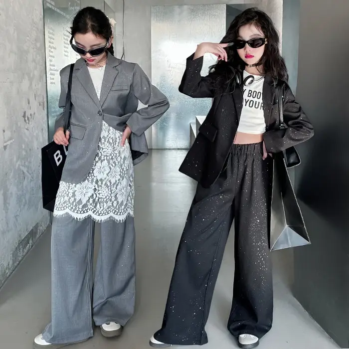 Design adolescente costume brillant ensemble noir gris Blazer + pantalon à jambes larges 2pc junior 