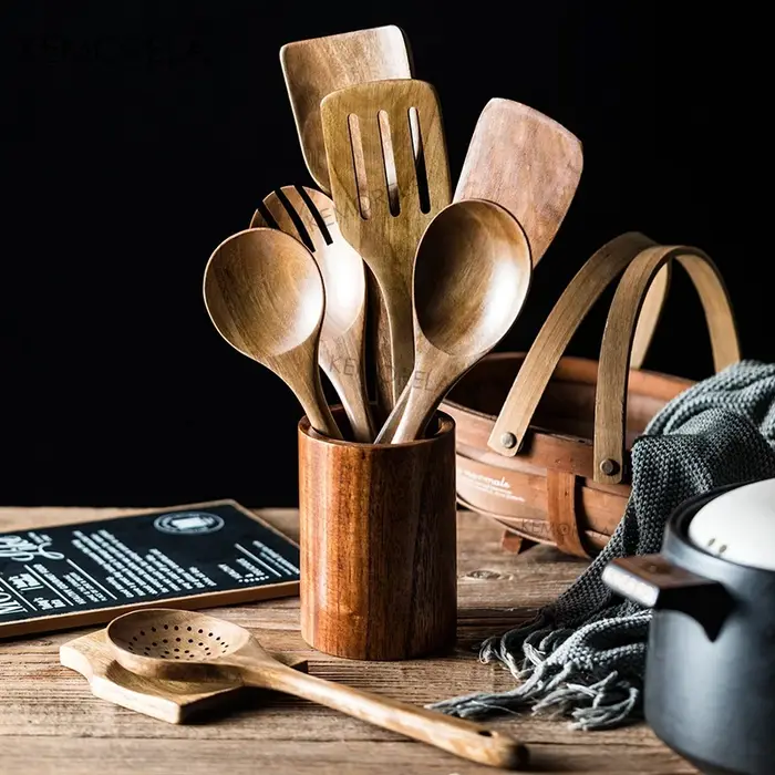 Cuillères en bois pour la cuisine, ustensiles en bois pour la cuisine avec porte-ustensiles, ensembl