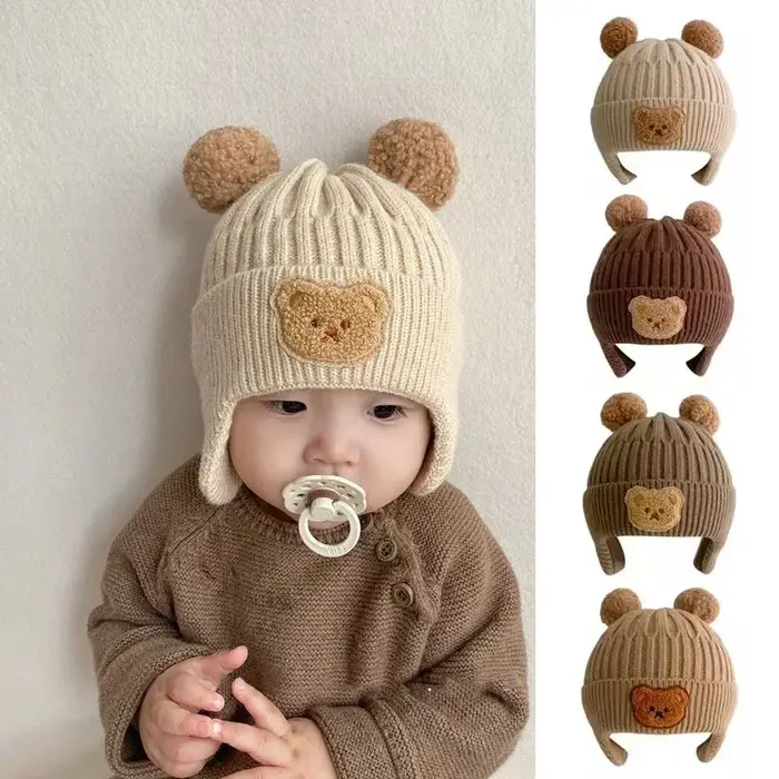 Chapeau en laine pour bébé, ours mignon, protection des oreilles, pour enfants, hiver, épais, chaud,