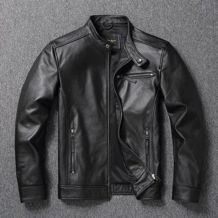 Veste en cuir de vachette de haute qualité, manteau à col montant, couche supérieure, mince, décontr
