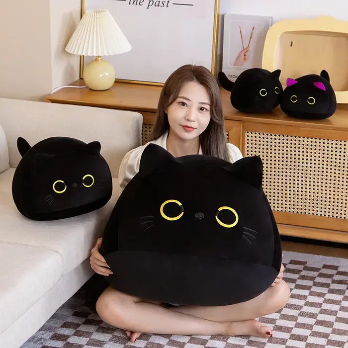 Oreiller rond en peluche de chat noir de grande taille 9-70cm, Kawaii, jouets de couchage, poupées d