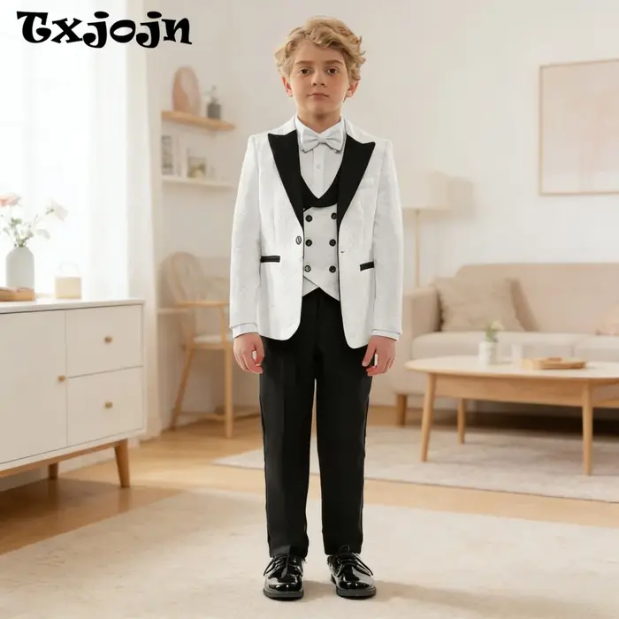 Ensemble de costume Jacquard noir formel, 4 pièces, tenue porteur de bague de mariage, beaux costume
