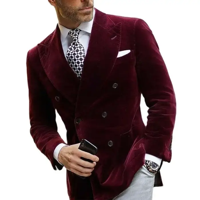Blazer en velours bordeaux pour hommes, veste de dîner à Double boutonnage, manteau de costume éléga