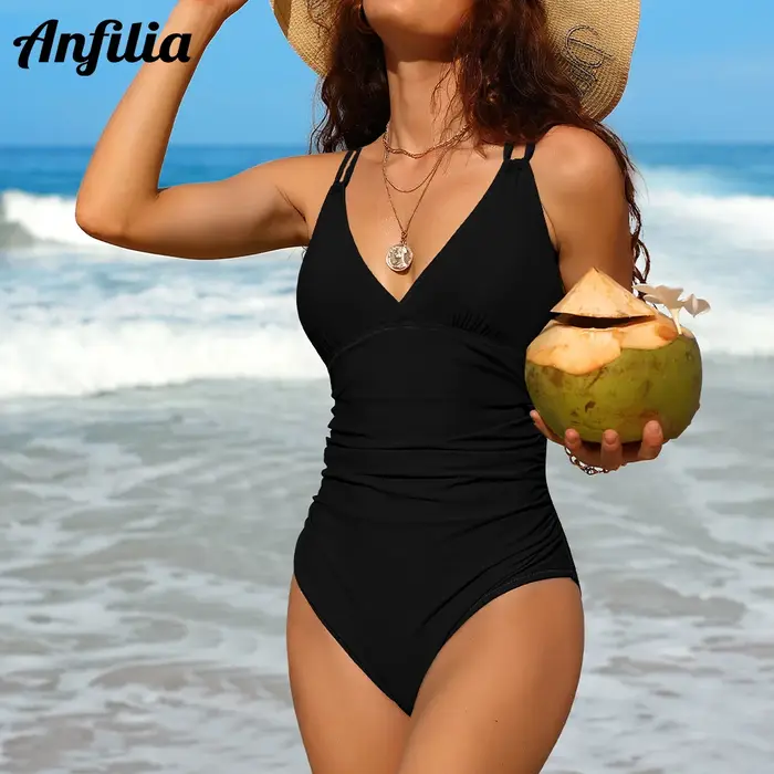 Maillot de bain une pièce Anfilia sexy col V femme - Monokini bretelles croisées dos - Bretelles doubles élégant