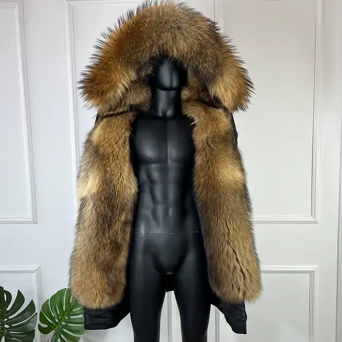 Manteau long en fourrure véritable de raton laveur avec capuche, veste en fourrure de muskrat pleine