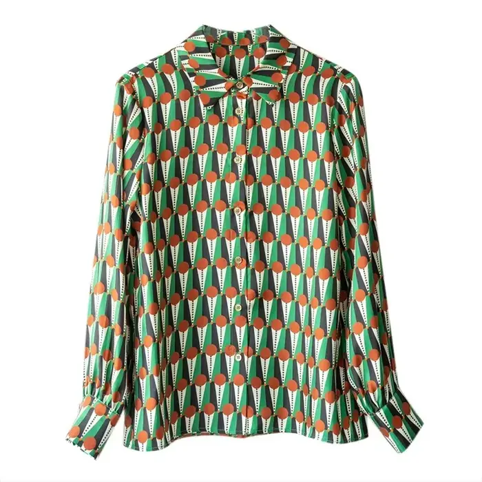 Chemisier en satin pour femme de marque, style Old Money, à manches longues et col à revers, imprimé