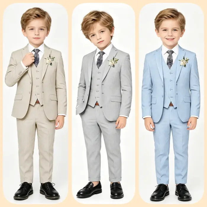 Ensemble 4 pièces élégant en lin pour garçons avec nœud papillon floral 2026 – Blazer, gilet et pant