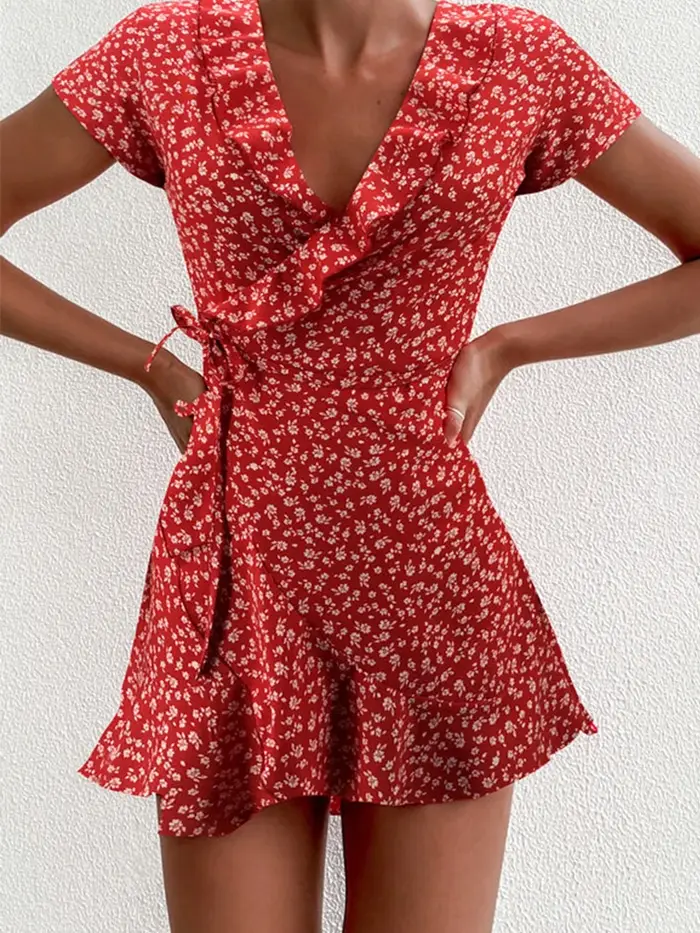 Robe trapèze flottante d'été pour femmes, douce et élégante, à volants floraux, col en v, robe court