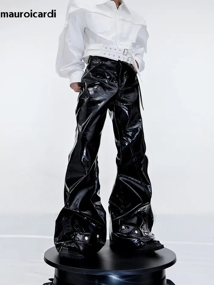 Mauroicardi printemps automne Cool noir brillant réfléchissant Pu cuir Flare pantalon pour hommes ha