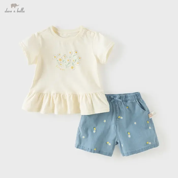 Ensemble short et chemise en coton pour filles Dave Bella, pantalon en jean élastique, tenue décontr