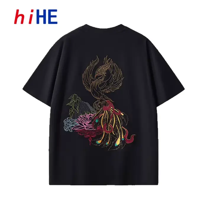 T-shirt pour hommes grande taille, 100% coton peigné, broderie, coupe ample, col rond, manches courtes, hauts d'été