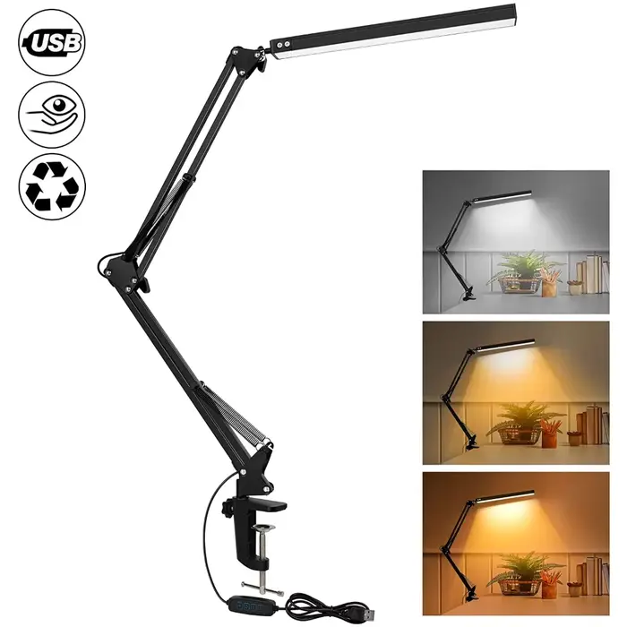 Lampe de bureau LED avec pince 10W lampe de bureau à bras oscillant lampe de bureau à intensité vari