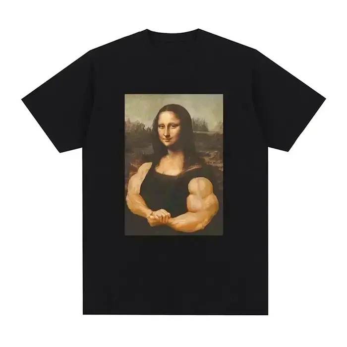 Drôle Mona Lisa Fitness T-shirt Muscles Gym Décontracté Graphique Manches Courtes T-shirts Unisexe M