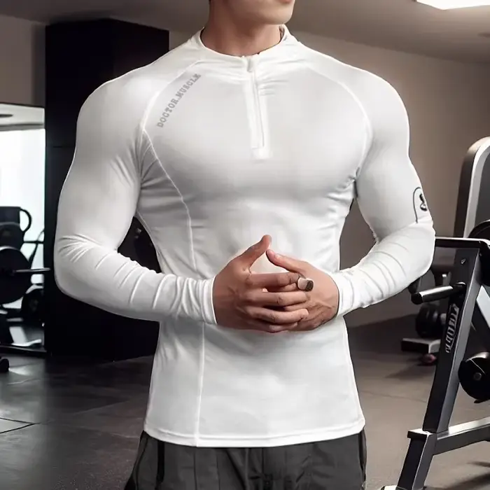Haute qualité fermeture éclair col rond hauts sport printemps automne fitness T-shirt hommes à manch