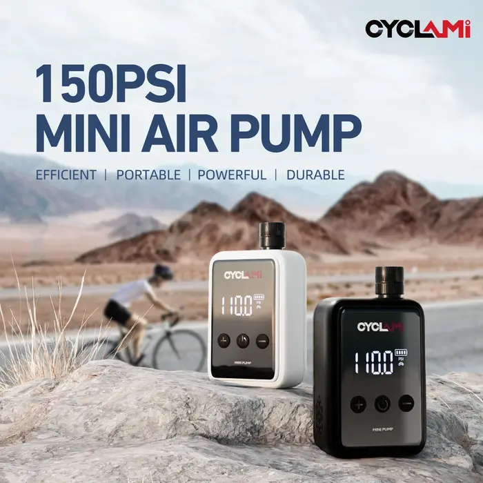 Pompe à air électrique CYCLAMI HW125 pour vélo de poche avec valve Schrader Presta pour cyclistes rechargeable et facile à utiliser pour maintenir vos pneus gonflés lors de vos sorties et compétitions