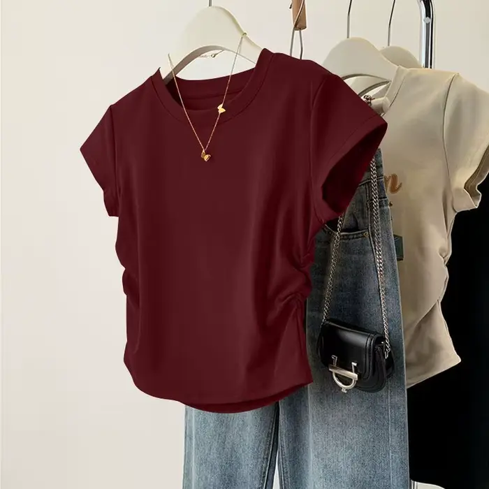 Haut d'été à manches courtes pour femmes, chemise de Base polyvalente, coupe cintrée, col rond, déco
