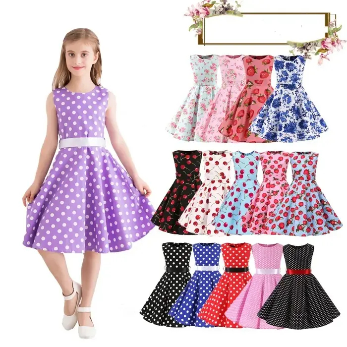 Robe trapèze Vintage à pois pour enfants des années 1950, robe mi-longue à fleurs, en coton, robe d'