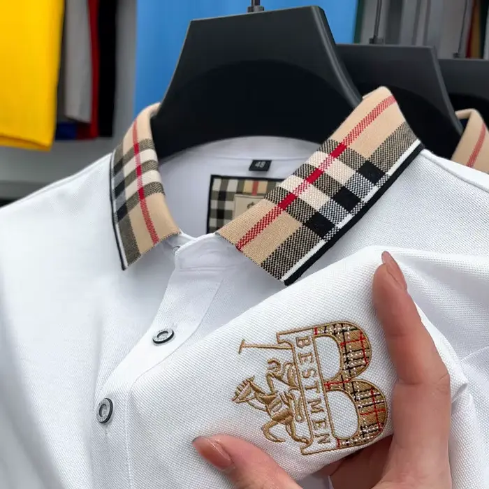 Marque de luxe à manches courtes hommes polo été haut de gamme mode plaid broderie revers t-shirt st