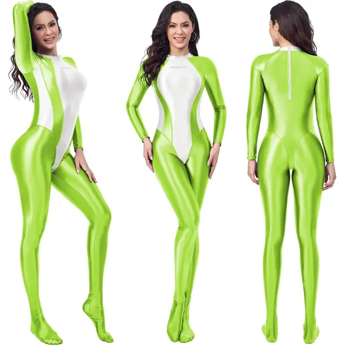 AMORESY brillant femmes corps costumes combinaison serrée huileux lisse brillant sport cyclisme Fitn