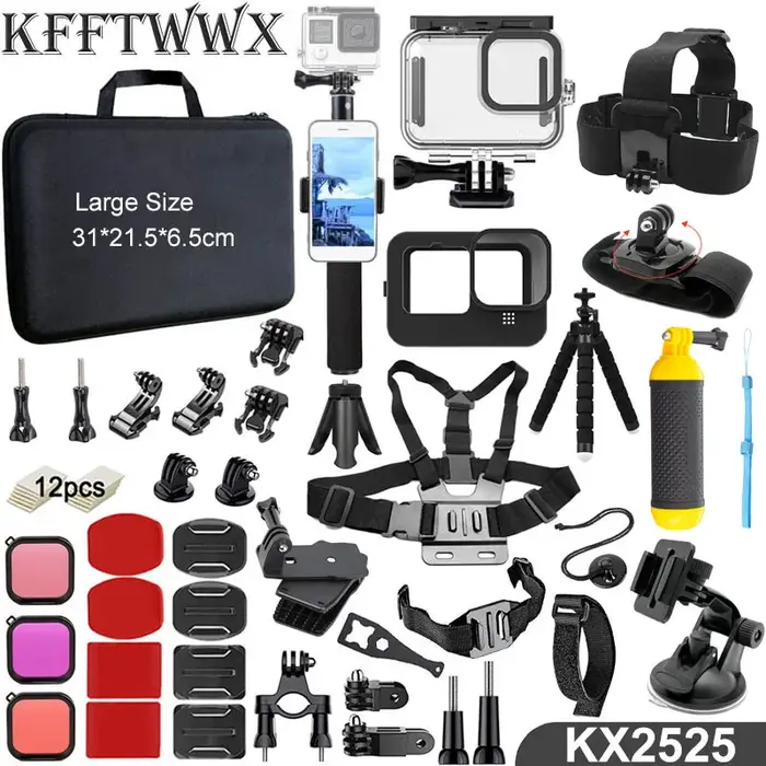 KFFTWWX-Kit d'accessoires étanches pour GoPro fore13, 12, 11, 10, 9, boîtier, trépied, support monop