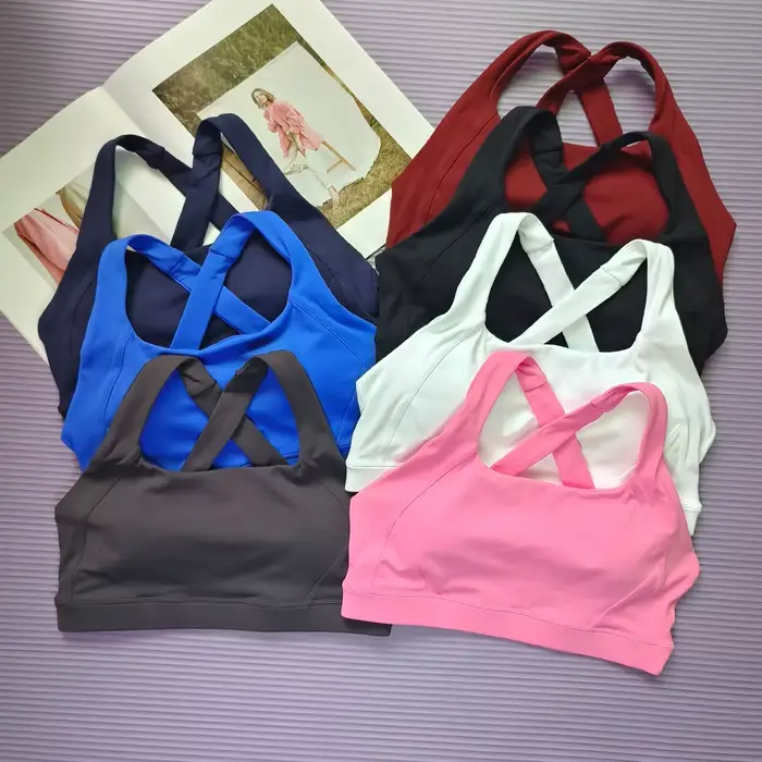 Soutien-gorge de sport dos croisé de couleur unie, gilet de yoga Pilates absorbant les chocs à sécha