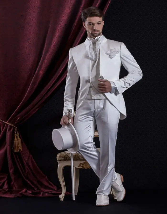 Costumes blancs vintage de style prince GroomTIME pour hommes, col montant, smokings de mariage pour