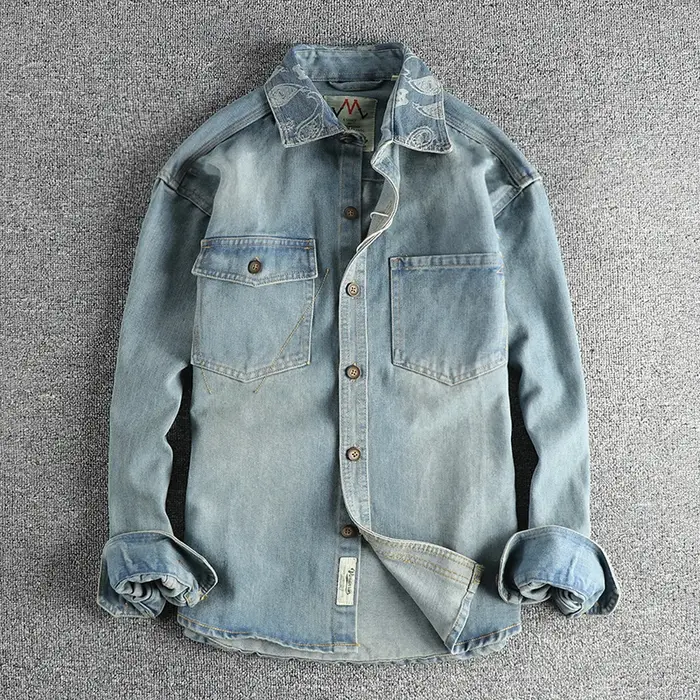 Manteau en denim rétro américain à manches longues pour hommes, revers, pur coton, lavé, vieux, mult