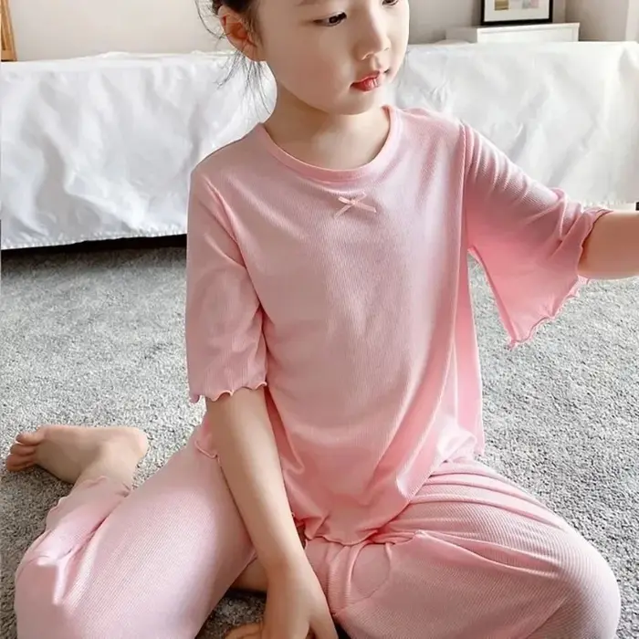 Ensemble de soie glacée pour filles, vêtements de maison fins pour enfants, vêtements d'été pour enf
