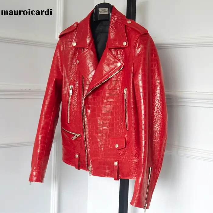 Mauroicardi-Veste de motard en similicuir à motif crocodile rouge pour homme, manches longues, ferme
