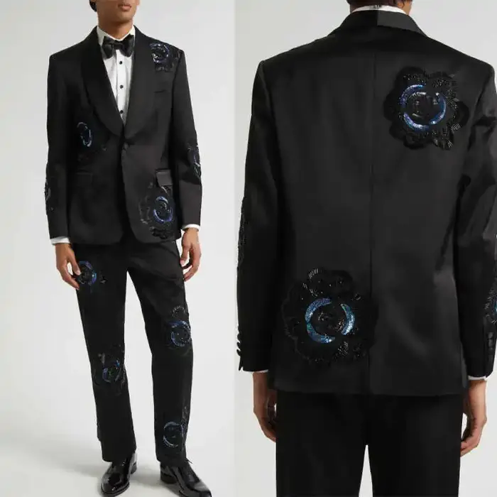 Costume de Mariage Tendance pour Marié, Smoking à Revers Châle Perlé, Simple Boutonnage, 2 Pièces (V