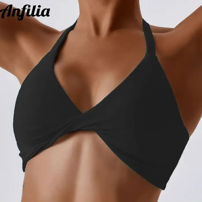 Anfilia femmes soutiens-gorge de sport solide licou cou haute élastique avec amovible rembourré gymn