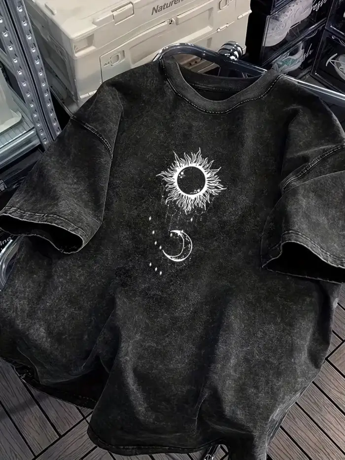 T-shirt d'été décontracté pour hommes, coupe ample, rétro, noir délavé, à manches courtes, motif imp