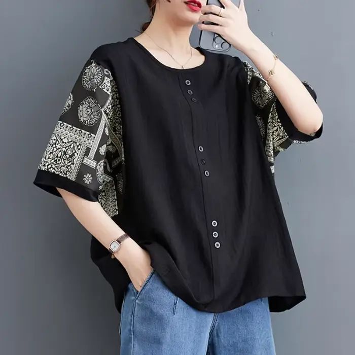 T-shirt ample demi-manches coton lin pour femmes grande taille style ethnique protection soleil occasions spéciales femmes