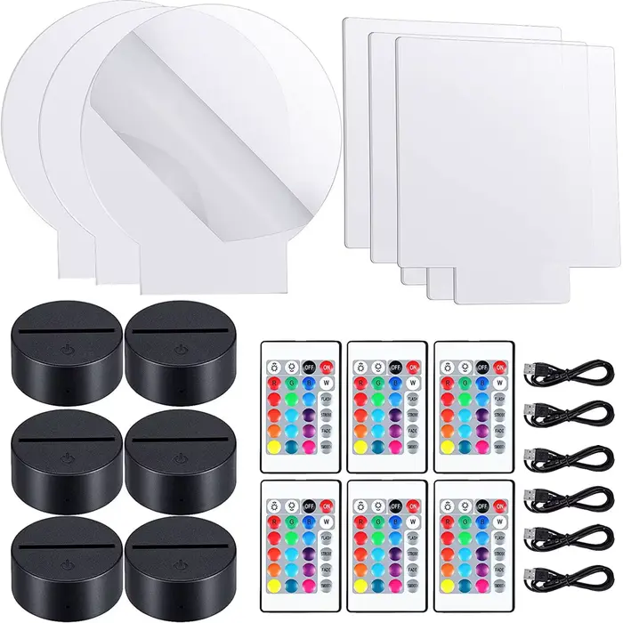 6 ensembles de lampes LED de nuit 3D, comprenant 6 supports d'affichage lumineux et feuilles acryliq