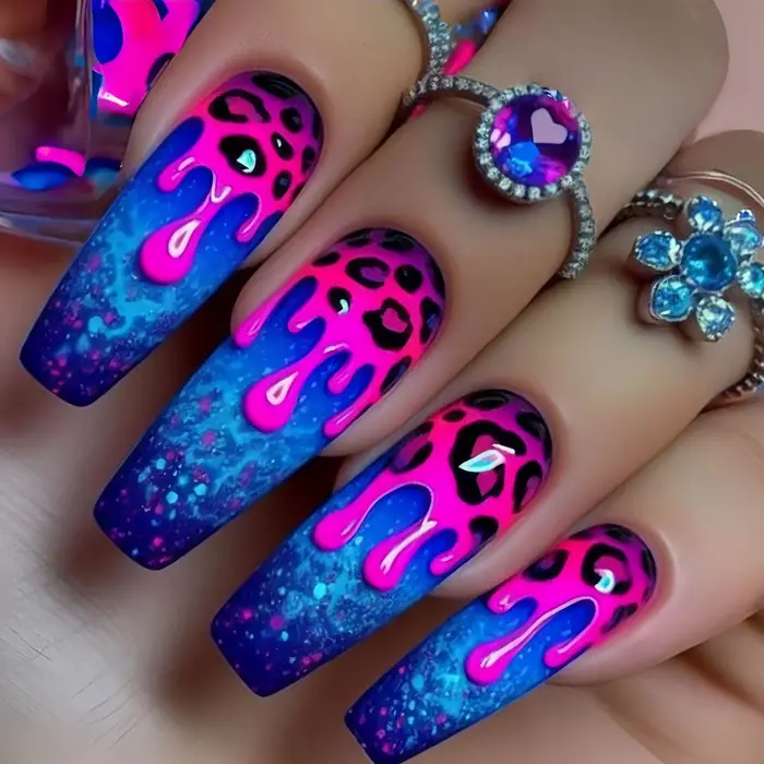 Faux ongles courts, moyens et longs, pointes carrées pour ballet, dégradé, violet, rose, bleu, léopa