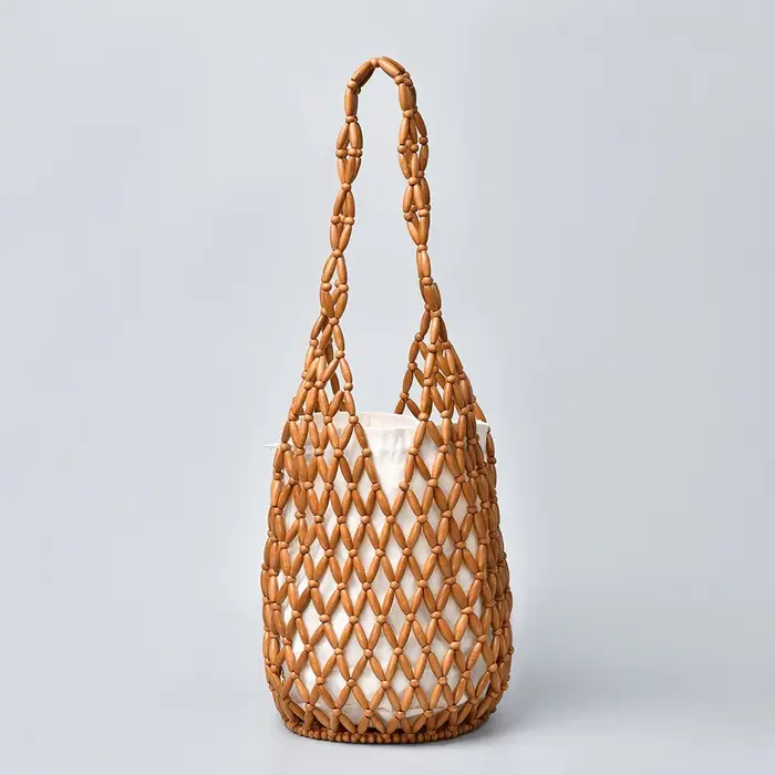 Sac à main tissé pour femmes, sac à perles en bois ajouré, sac seau à bandoulière, sac à main de pla