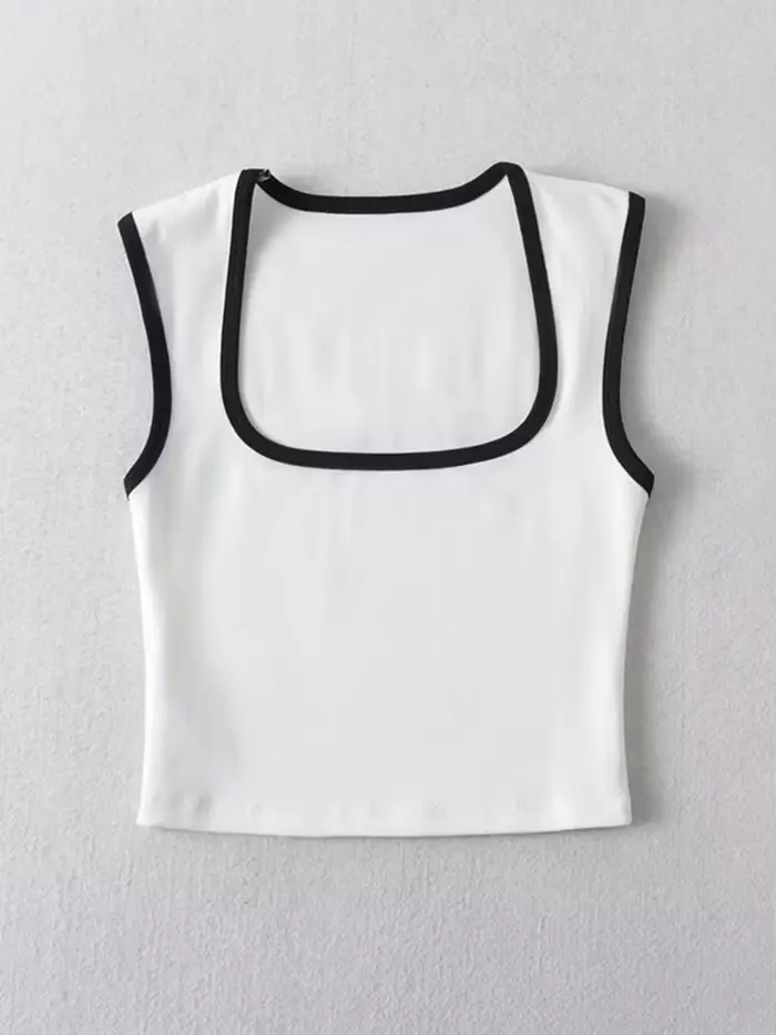 Débardeur sans manches pour femme, Slim, couleur contrastée, décontracté, col carré, haut court, vêt
