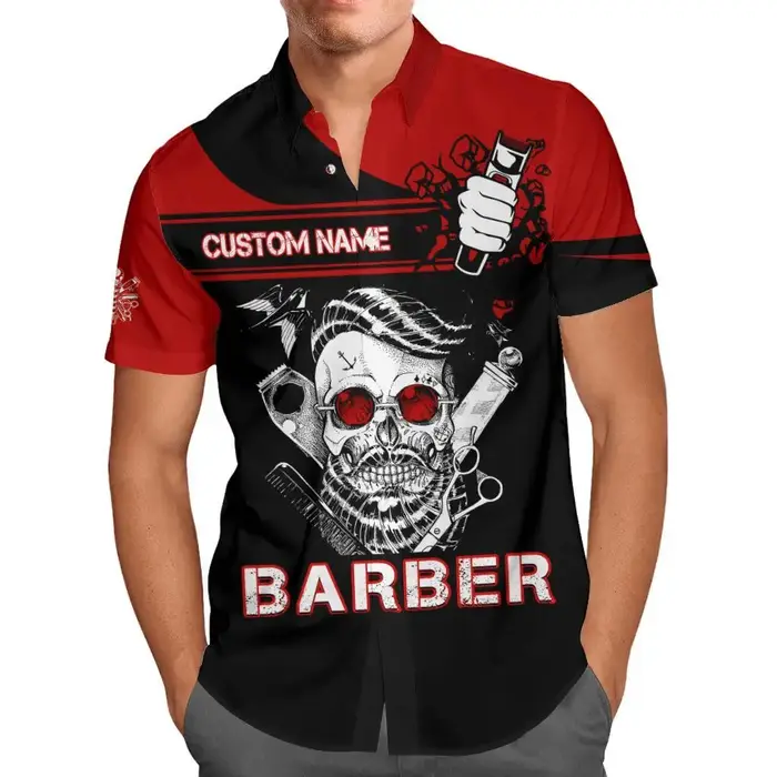 Chemise hawaïenne personnalisée pour hommes, nom d'été décontracté, barbier imprimé en 3D, manches c