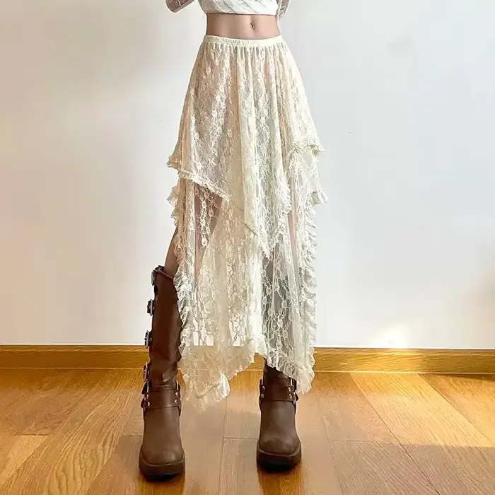 Jupe asymétrique en dentelle Fairycore pour femmes, Vintage Y2K Boho, mode esthétique, taille haute,