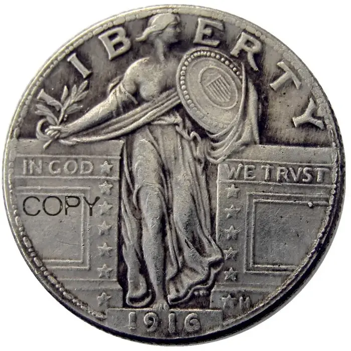 Pièce de monnaie plaquée argent du quart de liberté debout des États-Unis 1916-1924