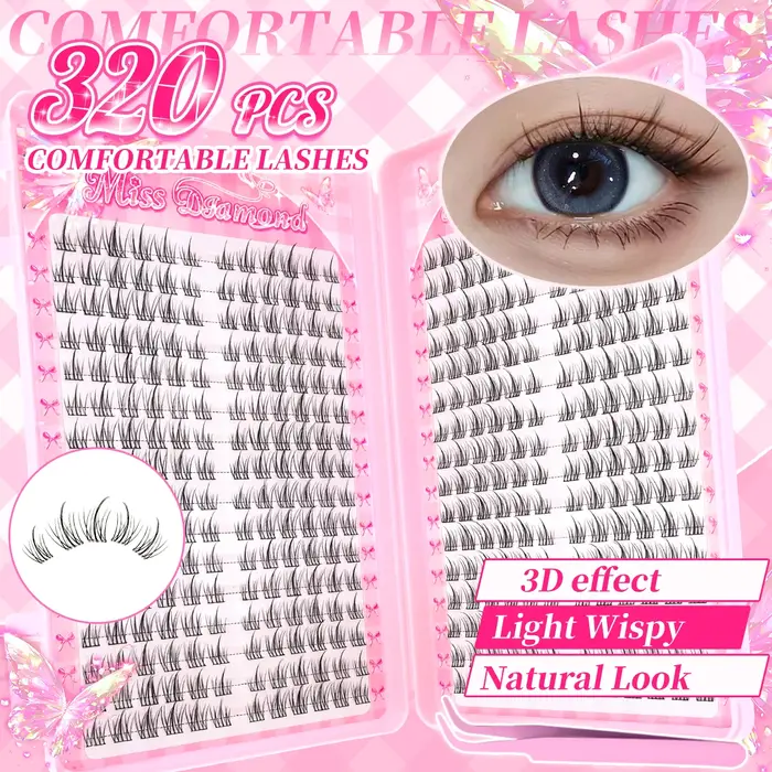 Faux cils naturels légers en grappe de 320, Style tournesol C-Curl, réutilisables pour débutants