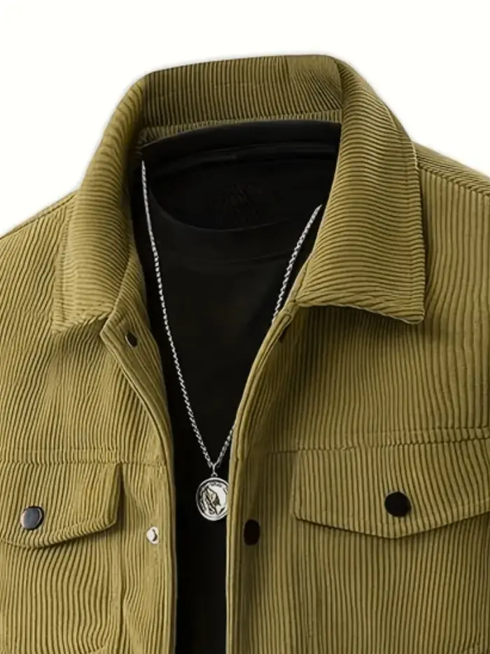 Veste en velours côtelé pour homme, col rabattu, boutons, poche poitrine, style décontracté vintage 
