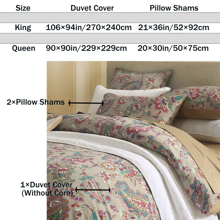 Ensemble de housse de couette 3 pièces 600TC 100% coton égyptien, damassé Boho Paisley Vintage color