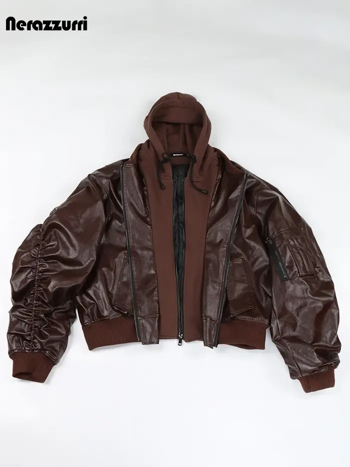 Nerazzurri Blouson en Cuir Chaud et Épais pour Homme, Vêtement Européen Cool, Beau, Respiré, Marron,