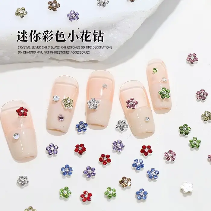 Mini poils de diamants scintillants colorés, fleur de prunier, 5 pétales de fleurs, strass pour Nail
