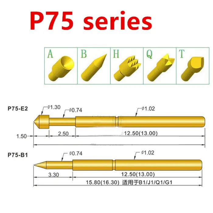 100 pièces broche de Test à ressort P75-A2 B1 E2 E3 D2 J1 Q1 Q2 H2 LM2 T2 diamètre extérieur 1.02mm 
