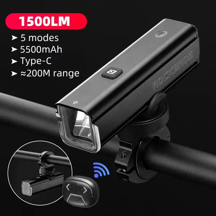 Lampe de vélo ROCKBROS 1500LM 5000mAh, éclairage de vélo IPX6 en aluminium, rechargeable Type-C, lum