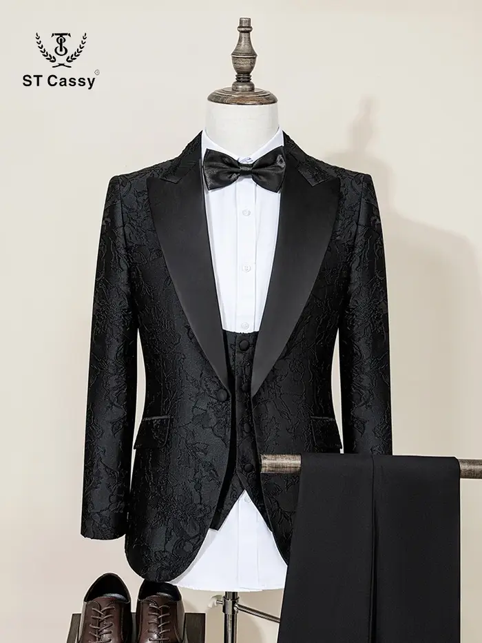 Costume homme de luxe ST Cassy, ensemble 3 pièces, noir, pour dîner, soirée, banquet, mariage, cérém