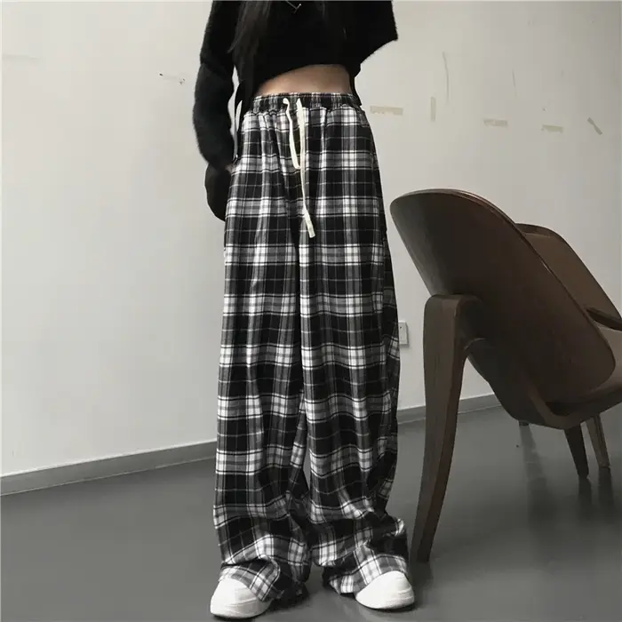 Pantalon de Survêtement Surdimensionné à Carreaux Noirs pour Femme, Baggy Décontracté, Taille artifi