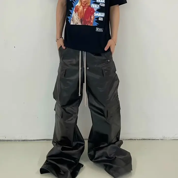 Pantalon en cuir PU mat Style RO pour hommes, pantalon Cargo Baggy à jambes larges avec cordon de se